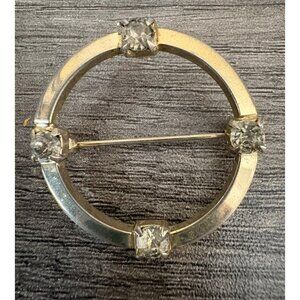 Vintage Gold-Tone Circular Brooch Pin With Clear Rhinestone Accents